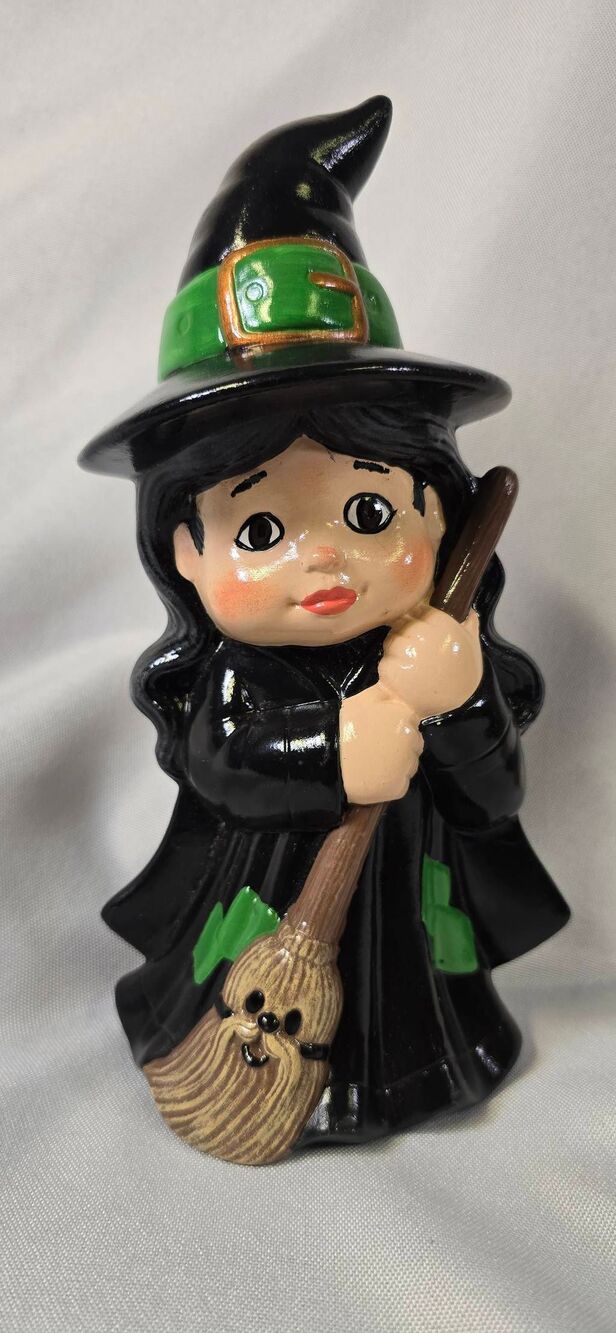 Charming Ceramic Sweet Tot Witch Holding Broom – Hand Painted Halloween Figurine